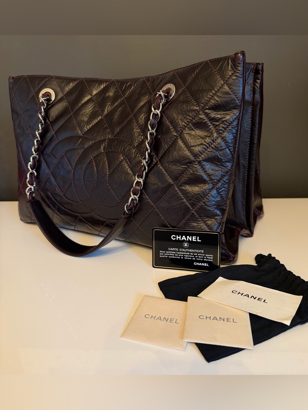 Chanel Grand Shopping Tote Dark Burgundy Brown Glazed Crumpled Calfskin 2009 GST